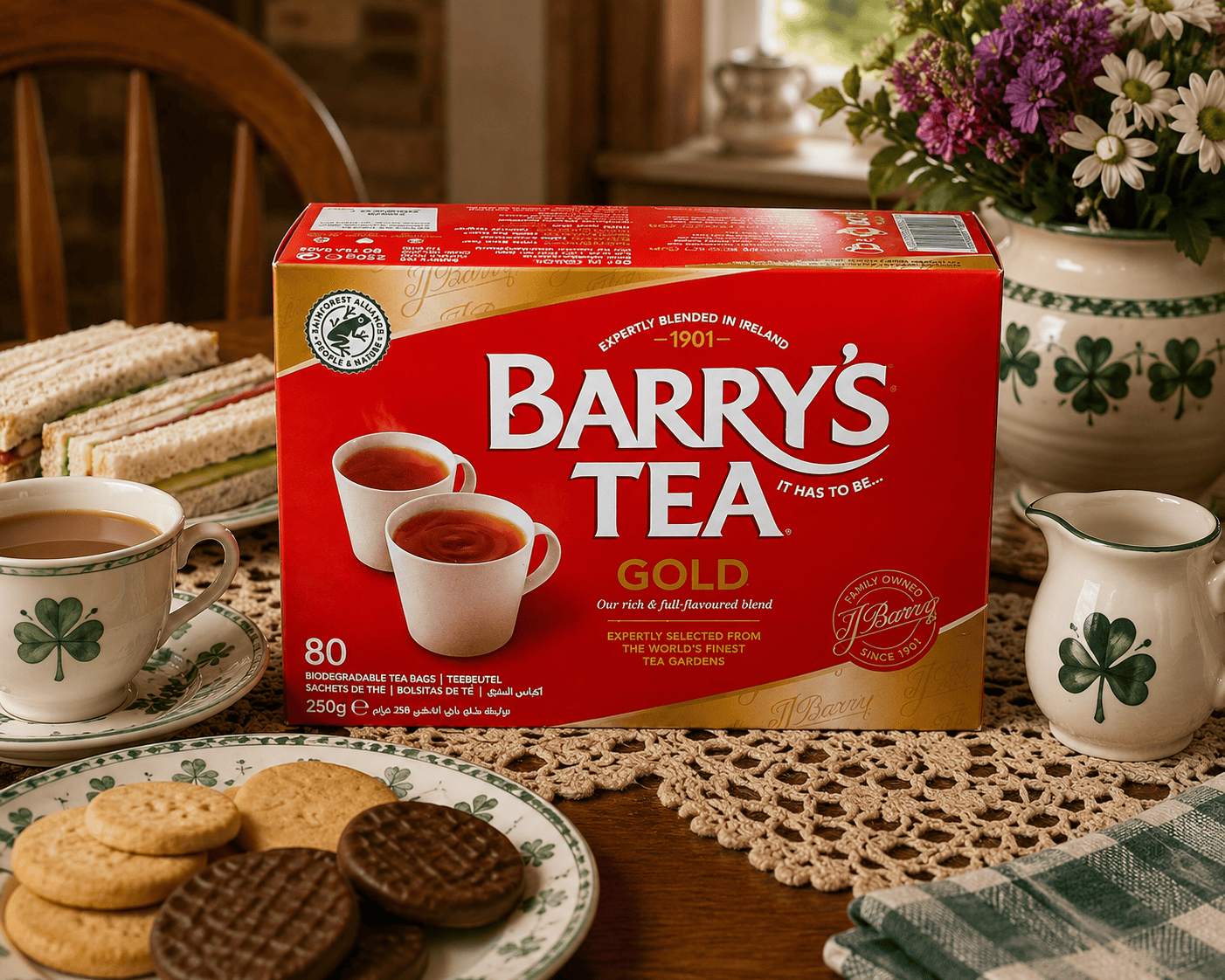 Barry's Tea Gold Blend with tea, biscuits and sandwiches on a traditional Irish table