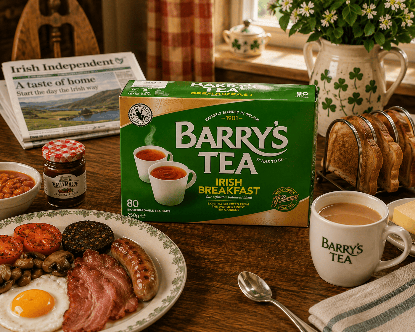 Barry's Tea Irish Breakfast with a traditional cooked Irish breakfast