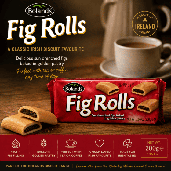 Bolands Fig Rolls 200g traditional Irish biscuits with fruity fig filling baked in golden pastry