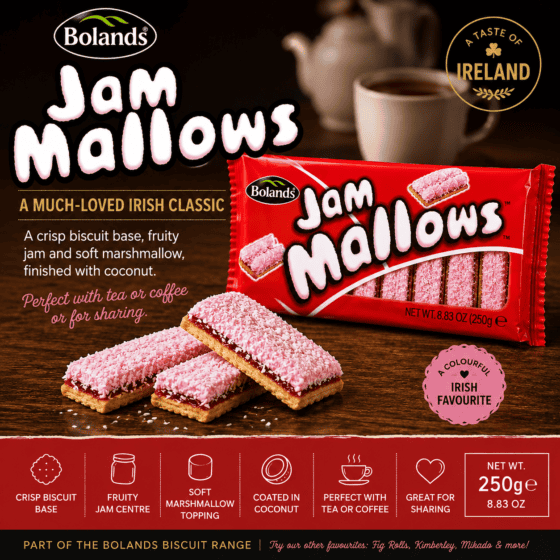 Bolands Jam Mallows 250g Irish biscuits with fruity jam, soft marshmallow and coconut topping