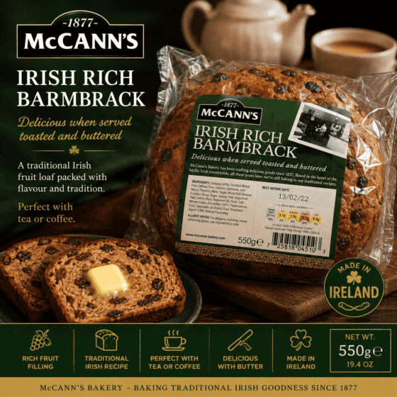 McCann’s Irish Rich Barmbrack 550g with sliced barmbrack and butter