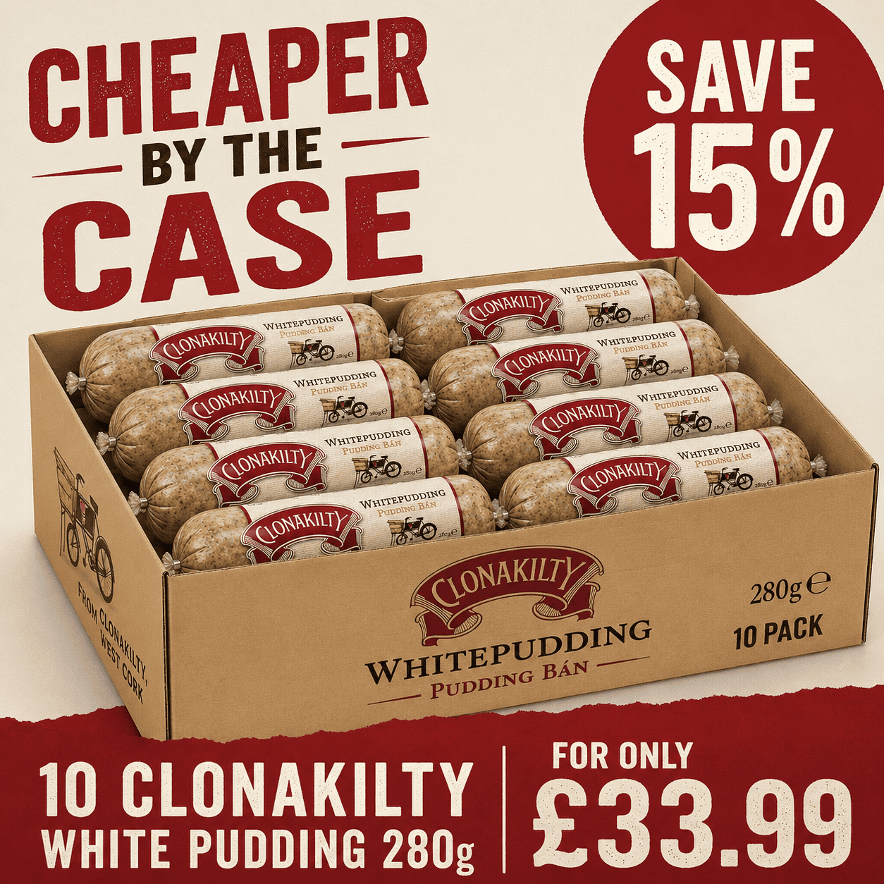 10 pack Clonakilty White Pudding 280g case deal – save 15%