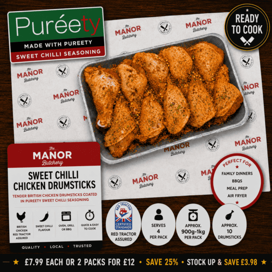 British Sweet Chilli Chicken Drumsticks seasoned with Pureety Sweet Chilli from Manor Butchery