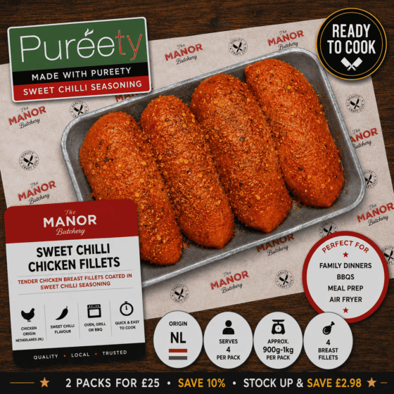 Sweet Chilli Chicken Fillets seasoned with Pureety Sweet Chilli seasoning from Manor Butchery