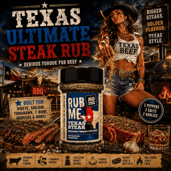 Texas Ultimate Steak Rub by Angus & Oink premium Texas-style steak seasoning for ribeye, sirloin, tomahawk and beef.