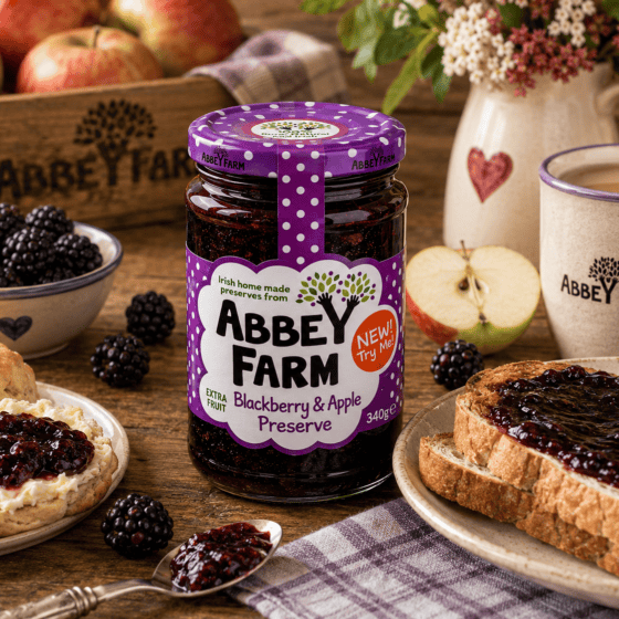 Abbey Farm Blackberry & Apple Preserve 340g served with scones and toast