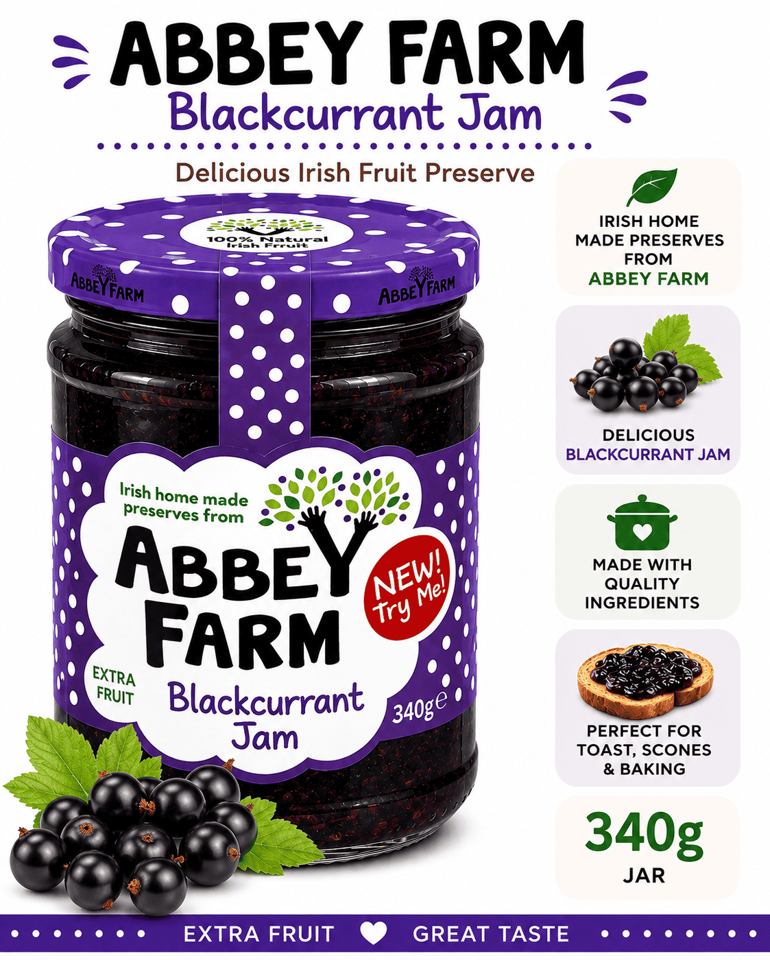 Abbey Farm Blackcurrant Jam 340g product information graphic