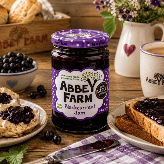Abbey Farm Blackcurrant Jam 340g served with scones and toast