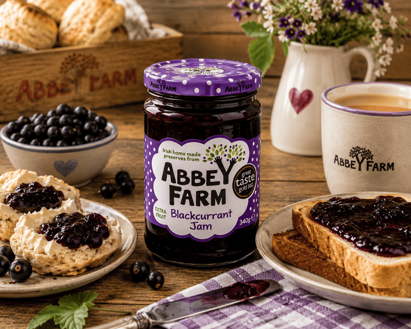 Abbey Farm Blackcurrant Jam 340g served with scones and toast