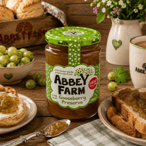 Abbey Farm Gooseberry Jam 340g served with scones and toast