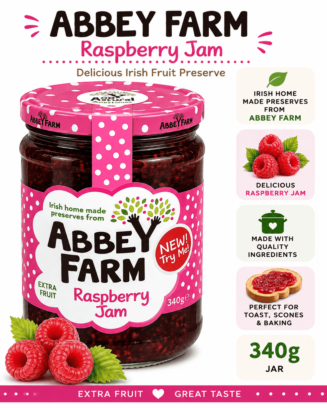 Abbey Farm Raspberry Jam 340g product information graphic