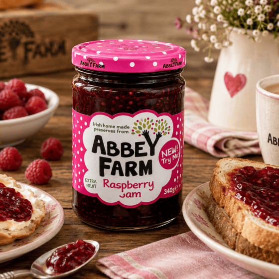 Abbey Farm Raspberry Jam 340g served with scones and toast