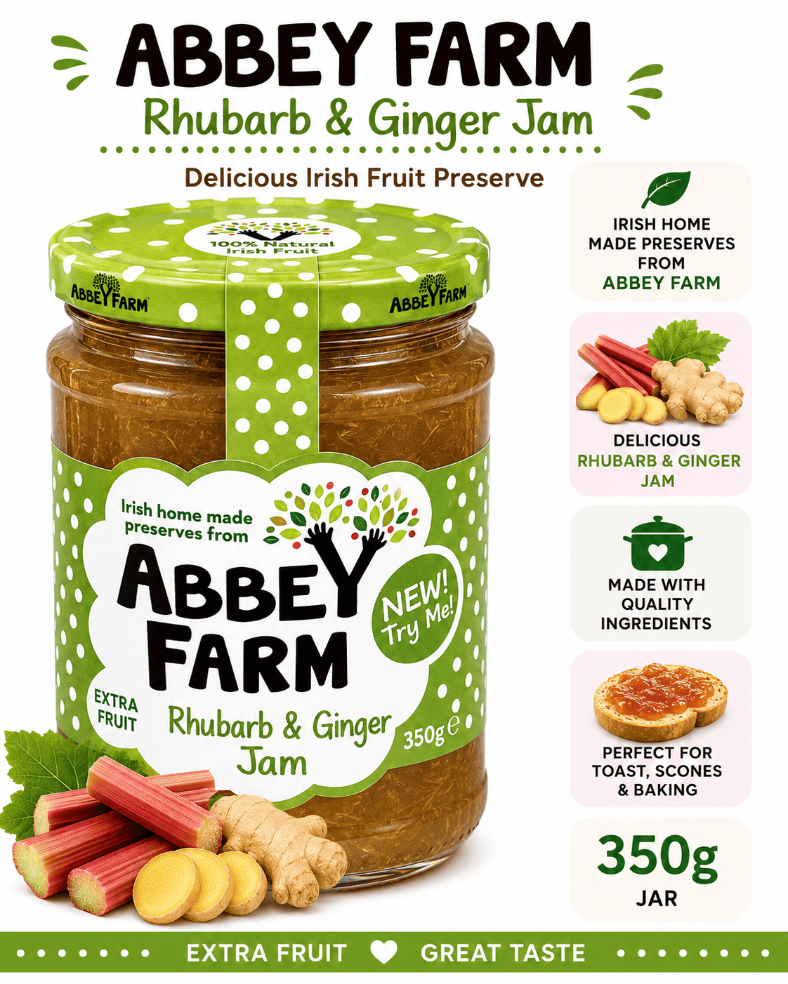 Abbey Farm Rhubarb & Ginger Jam 350g product information graphic
