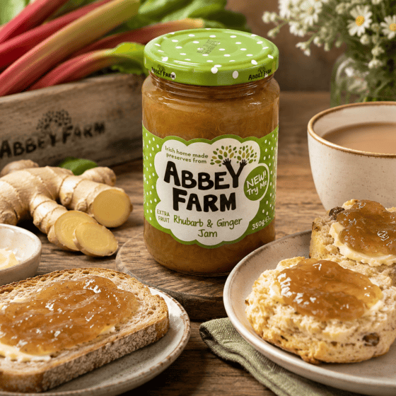 Abbey Farm Rhubarb & Ginger Jam 350g served with scones and toast