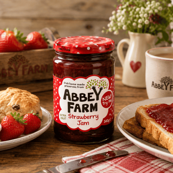 Abbey Farm Strawberry Jam 340g served with toast and scones