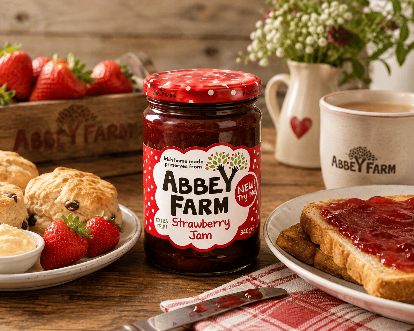 Abbey Farm Strawberry Jam 340g served with toast and scones