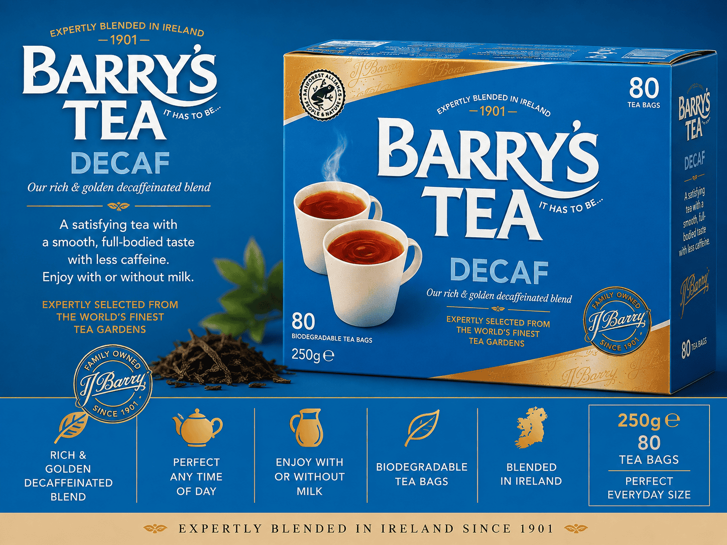 Barry's Tea Decaf 80 Tea Bags 250g information graphic