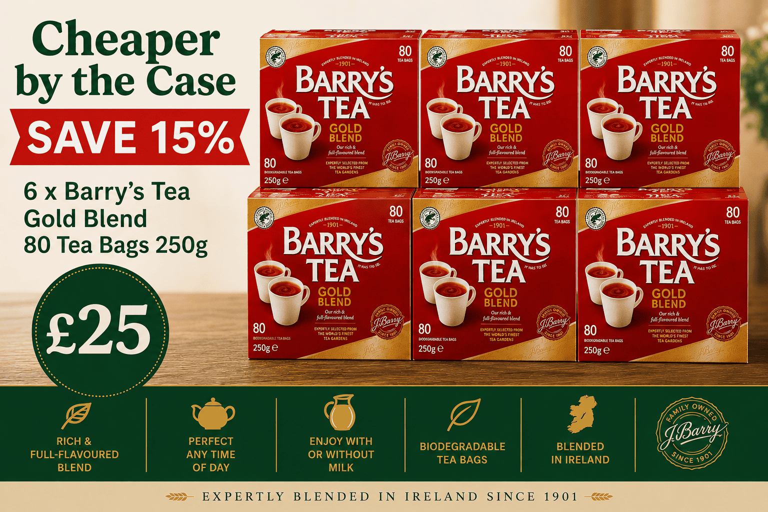 6 x Barry's Tea Gold Blend 80 Tea Bags 250g case offer - save 15%