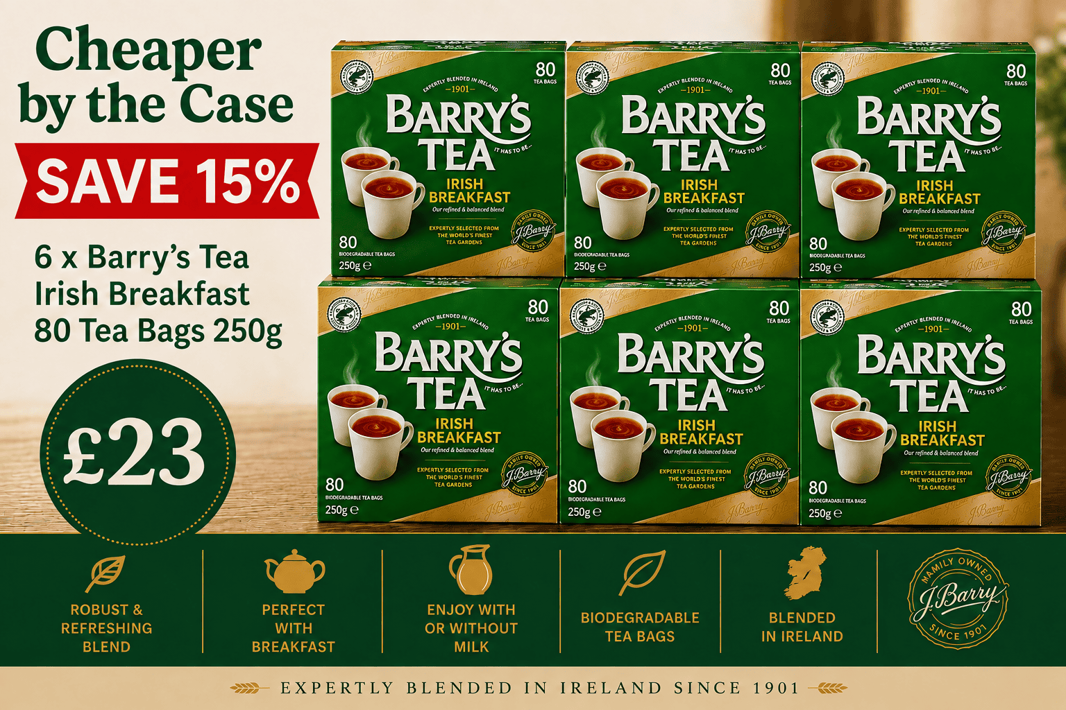 6 x Barry's Tea Irish Breakfast 80 Tea Bags 250g case deal - save 15% for £23