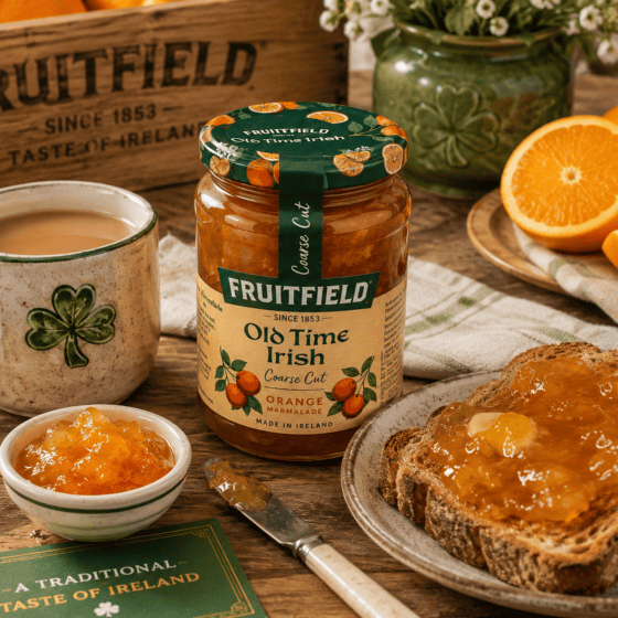 Fruitfield Old Time Irish Coarse Cut Orange Marmalade 454g served on toast with tea and fresh oranges