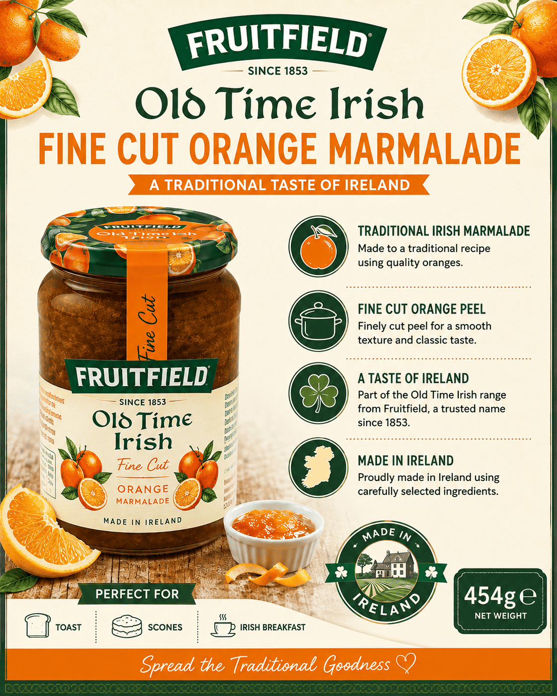 Fruitfield Old Time Irish Fine Cut Orange Marmalade 454g served with toast at a traditional Irish breakfast