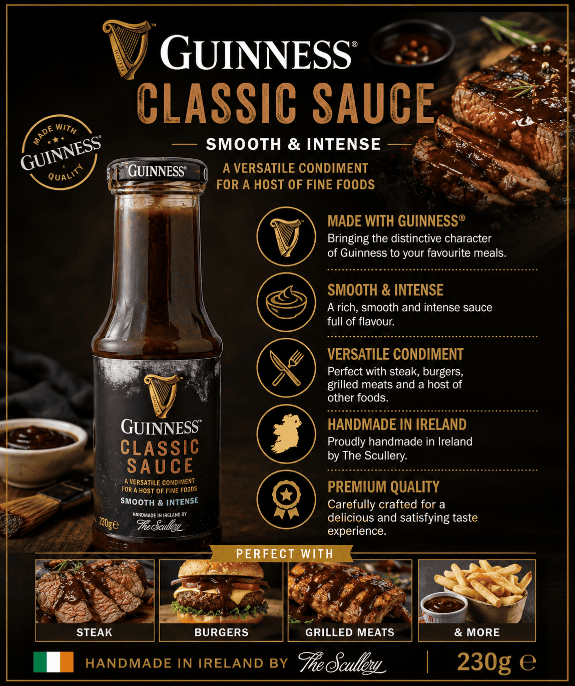 Guinness Classic Sauce 230g product information graphic highlighting smooth intense flavour and Irish production