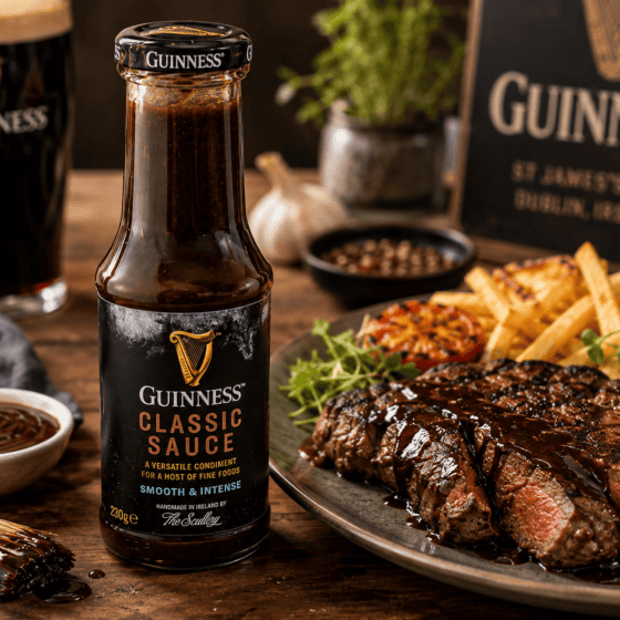 Guinness Classic Sauce 230g served with steak and chips in a rustic Irish-style setting