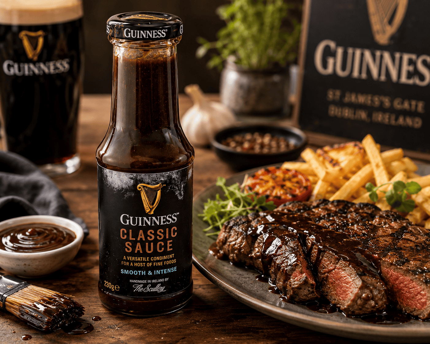Guinness Classic Sauce 230g served with steak and chips in a rustic Irish-style setting