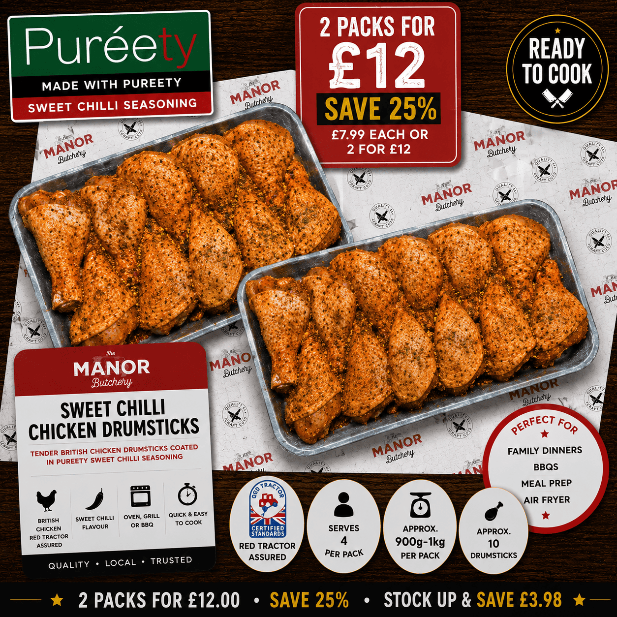 Two packs of Sweet Chilli Chicken Drumsticks – 2 for £12 offer at Manor Butchery