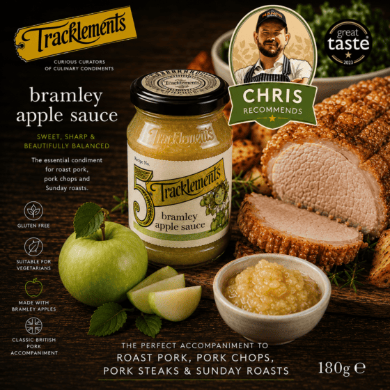 Tracklements Bramley Apple Sauce 180g with roast pork and crackling – Chris Recommends