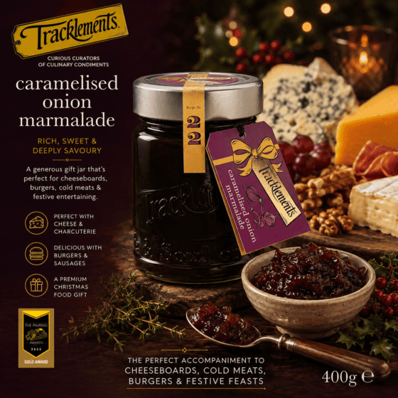 Tracklements Caramelised Onion Marmalade Gift Jar 400g with Christmas cheeseboard and charcuterie