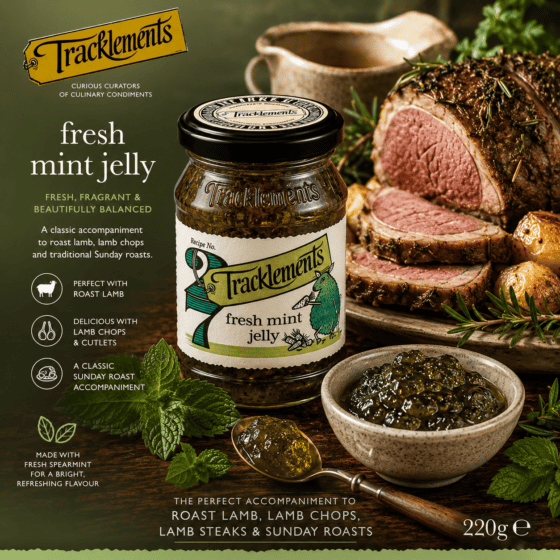 Tracklements Fresh Mint Jelly 220g served with roast lamb, lamb chops and fresh mint