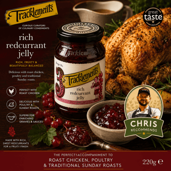 Tracklements Rich Redcurrant Jelly 220g served with roast chicken and Sunday roast potatoes
