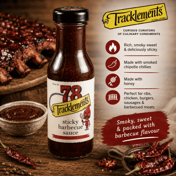 Tracklements Sticky Barbecue Sauce 310g with glazed pork ribs and smoked chipotle chillies