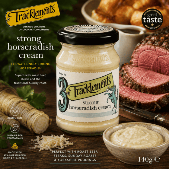 Tracklements Strong Horseradish Cream 140g with roast beef and horseradish root