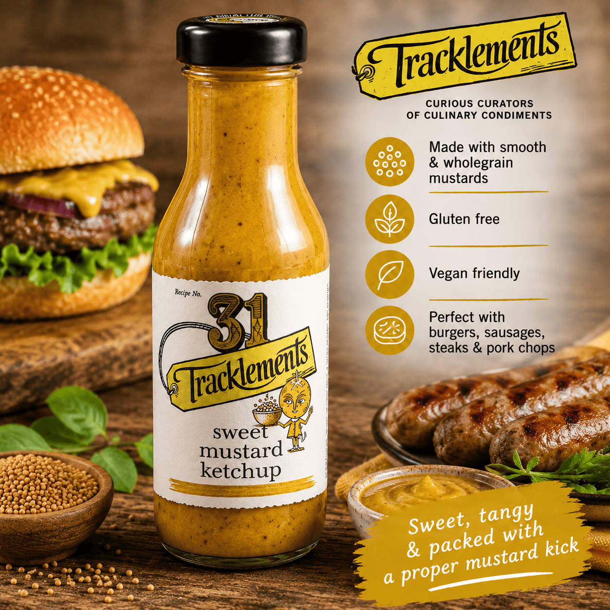 Tracklements Sweet Mustard Ketchup 290g product information with burgers and sausages