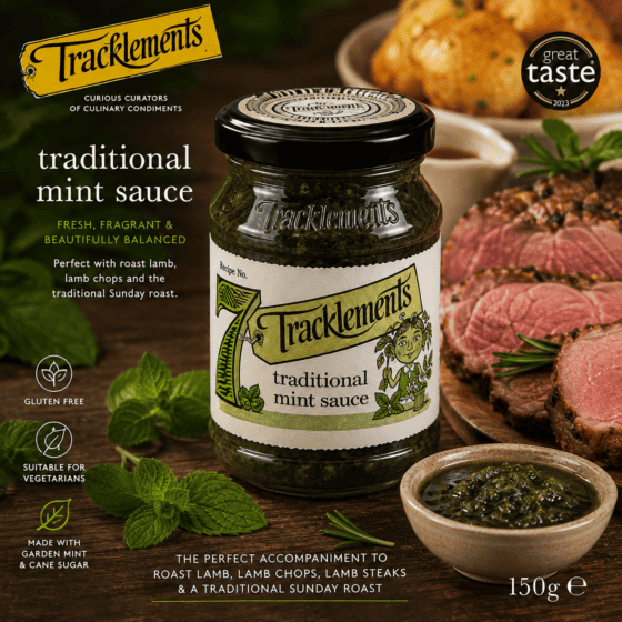 Tracklements Traditional Mint Sauce 150g with roast lamb, fresh mint and Sunday roast potatoes