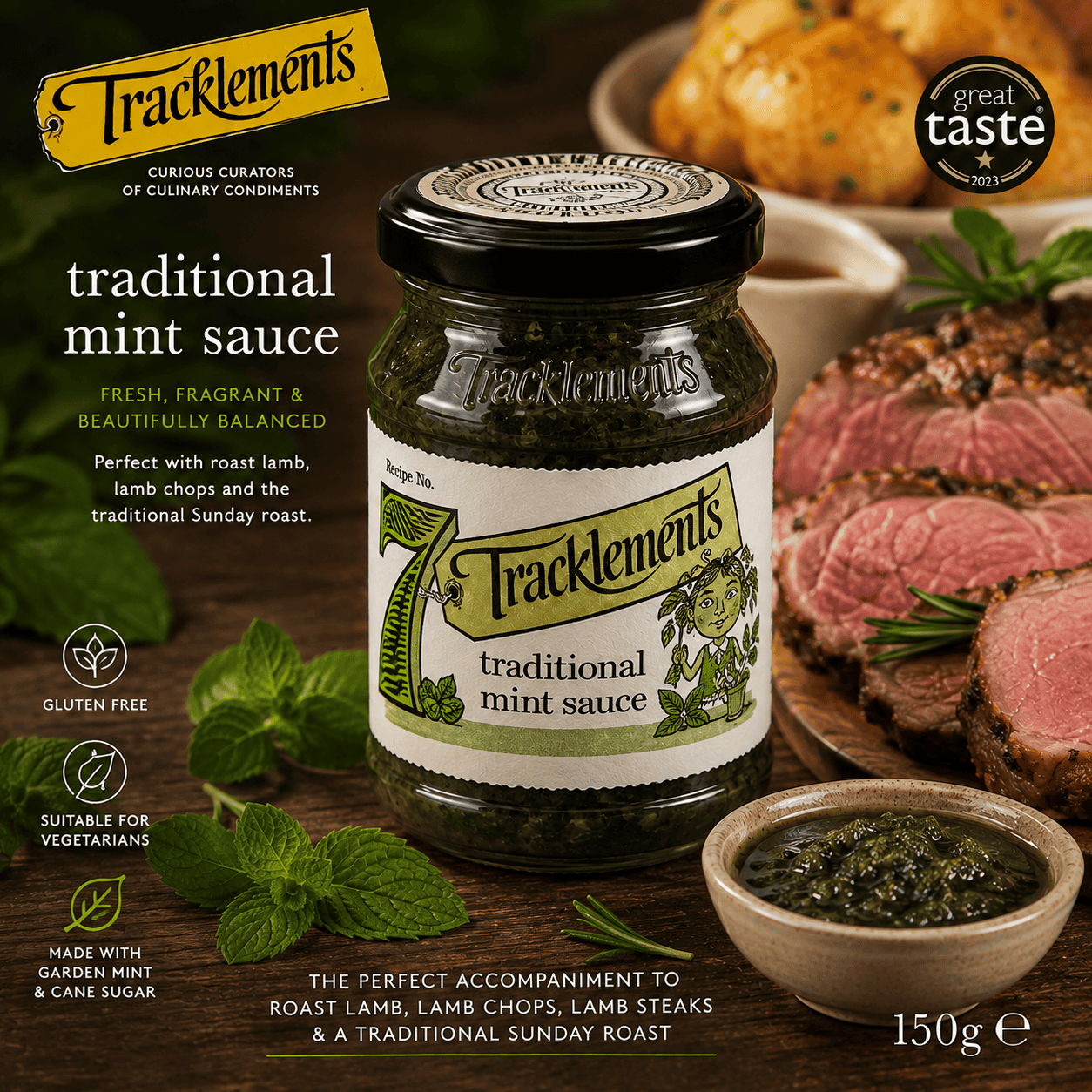 Tracklements Traditional Mint Sauce 150g with roast lamb, fresh mint and Sunday roast potatoes