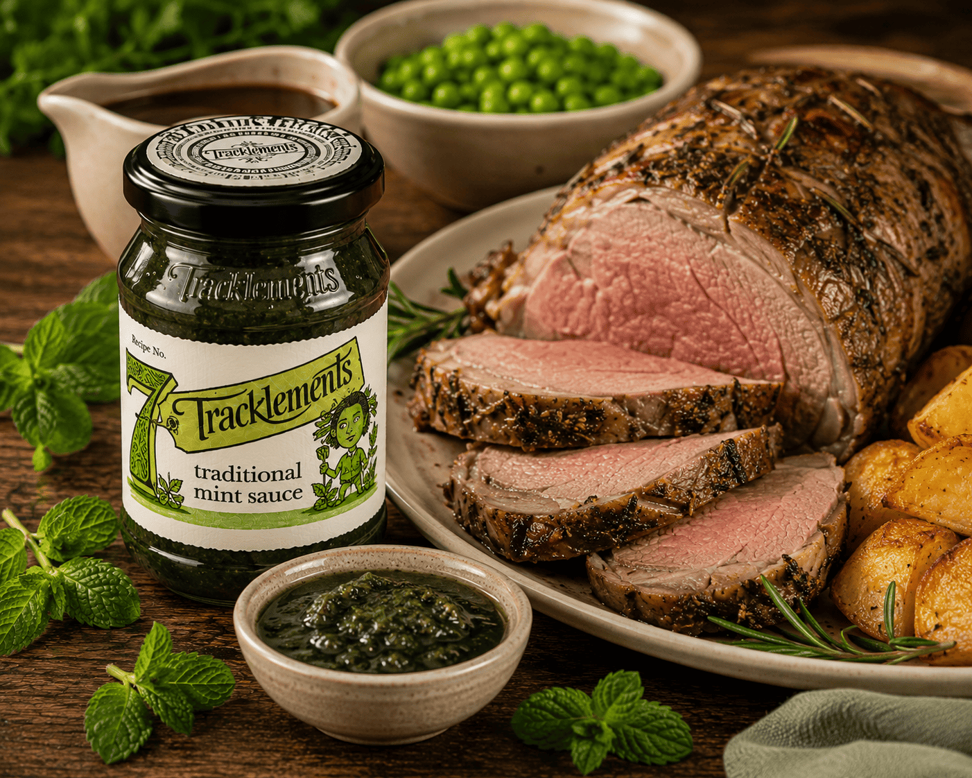 Tracklements Traditional Mint Sauce 150g served with roast leg of lamb and roast potatoes